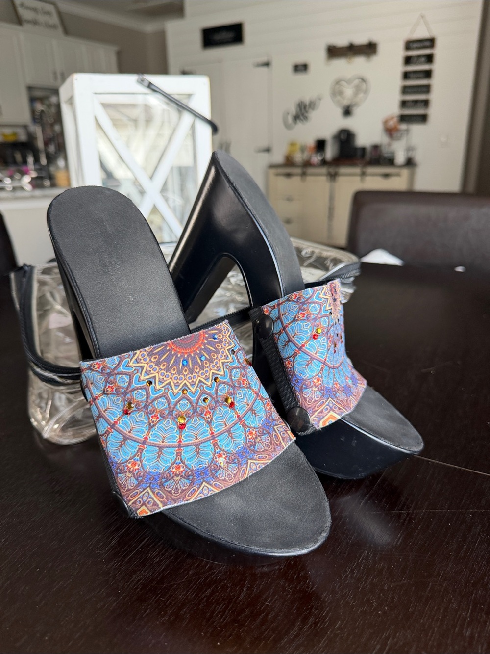 Black Slide Sandals with Blue Patterned Strap